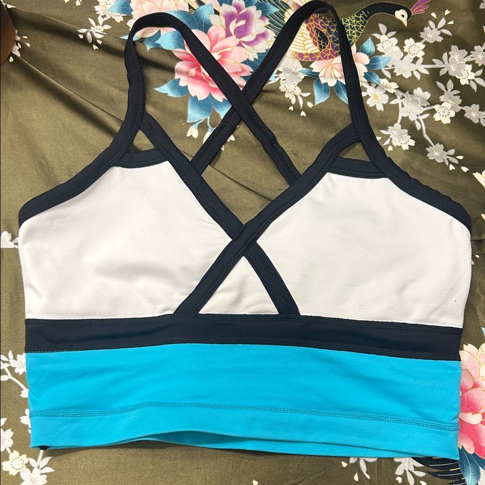 LUXY Strappy Blue and White Sports Bra